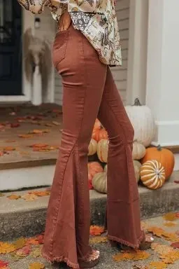High Waist Rust Color Raw Hem Flare Jeans