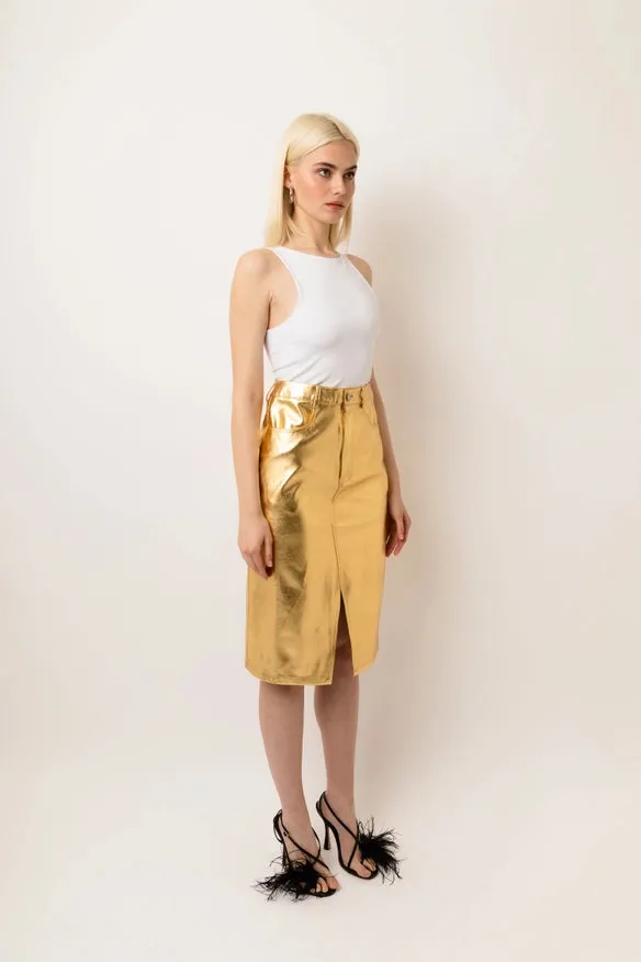 Lupe High Waist Metallic Knee Length Skirt Gold