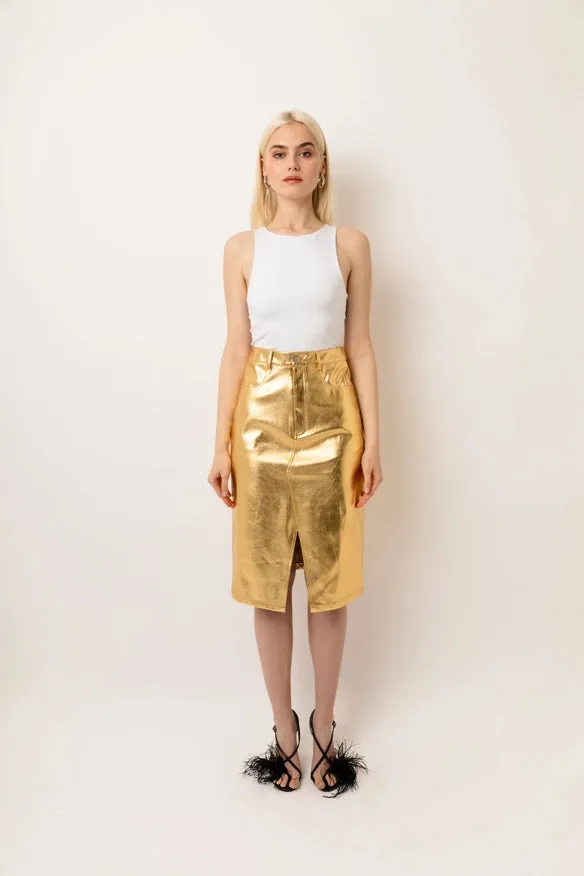 Lupe High Waist Metallic Knee Length Skirt Gold