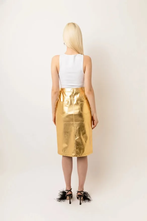 Lupe High Waist Metallic Knee Length Skirt Gold