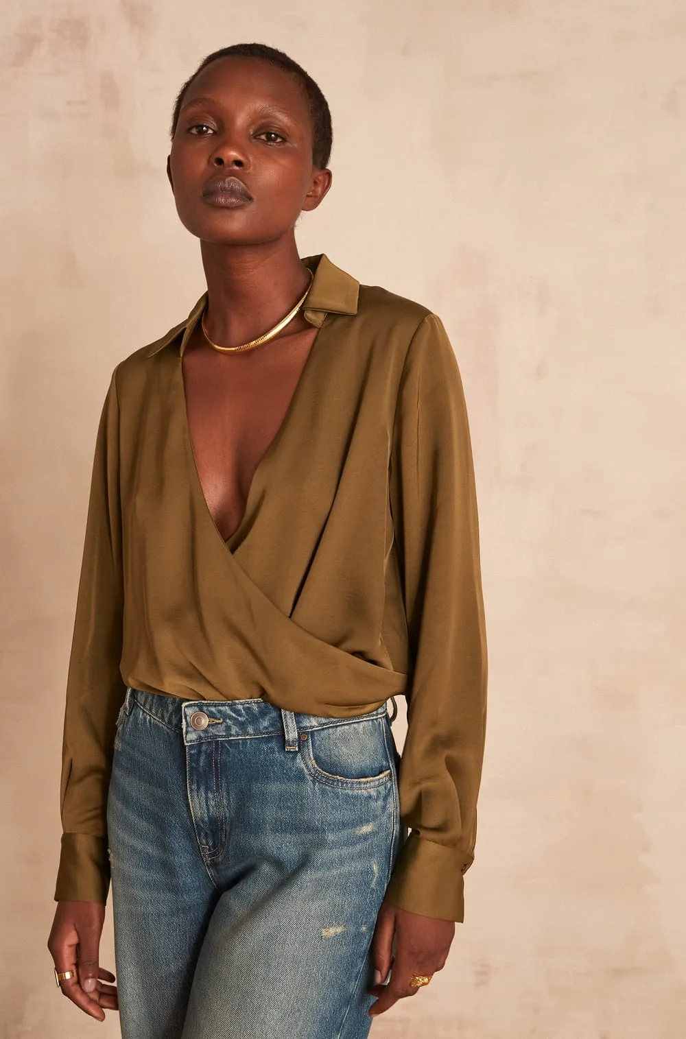 MAO KHAKI WRAP BLOUSE