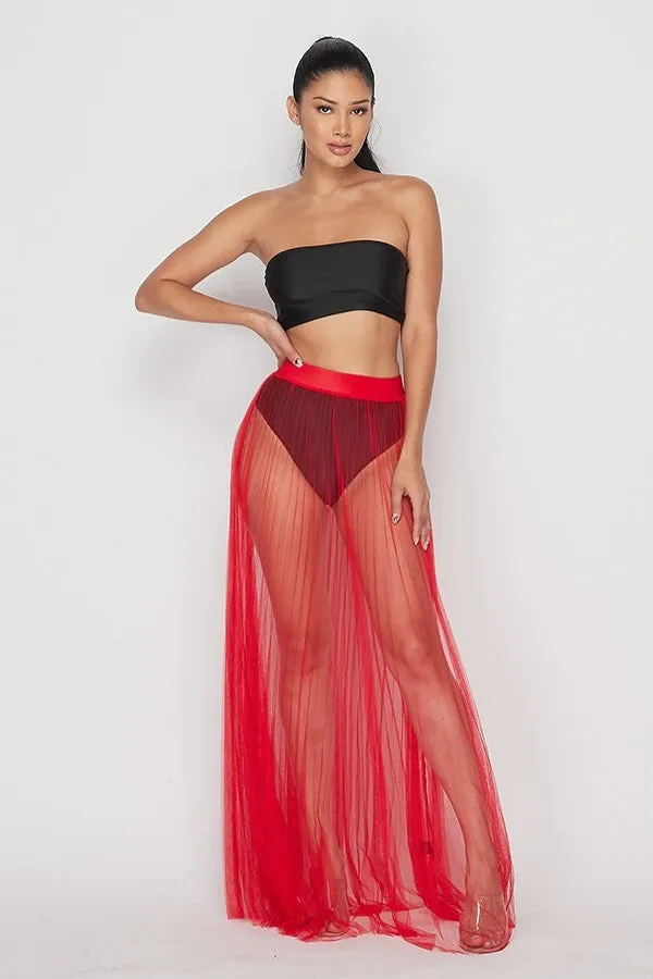 Pleated High Waisted Sheer Maxi Skirt - Red