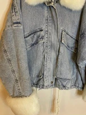 RubyneeVintage y2k white faux fur zipped up blue denim womens jackets size M/L