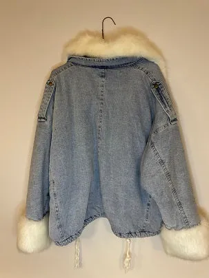 RubyneeVintage y2k white faux fur zipped up blue denim womens jackets size M/L