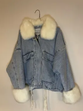 RubyneeVintage y2k white faux fur zipped up blue denim womens jackets size M/L