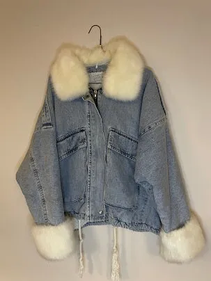 RubyneeVintage y2k white faux fur zipped up blue denim womens jackets size M/L