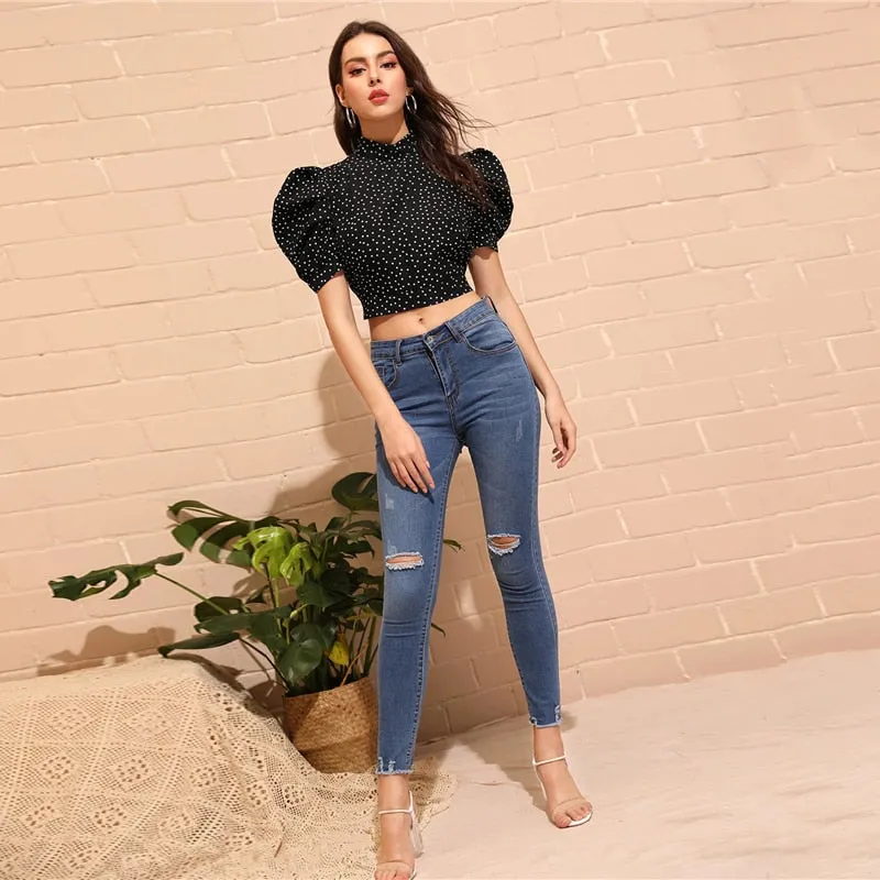 SHEIN Sexy Black Mock-Neck Puff Sleeve Knot Backless Polka Dot Top Blouse Women Summer 2019 Slim Fitted High Street Blouses