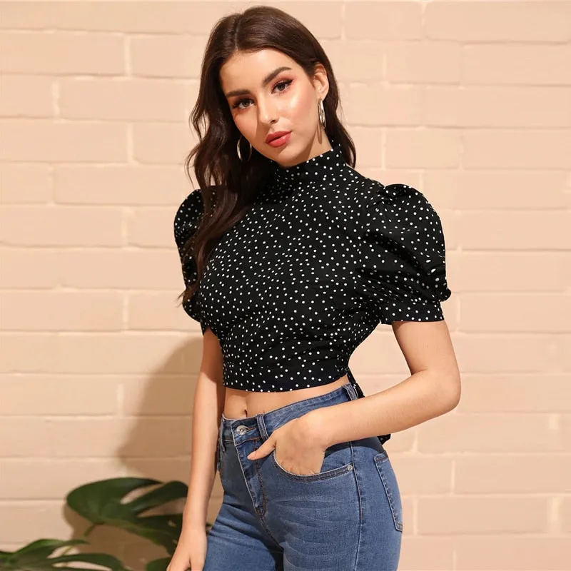 SHEIN Sexy Black Mock-Neck Puff Sleeve Knot Backless Polka Dot Top Blouse Women Summer 2019 Slim Fitted High Street Blouses