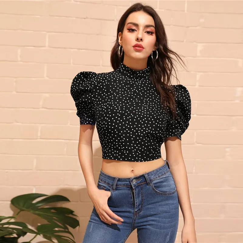 SHEIN Sexy Black Mock-Neck Puff Sleeve Knot Backless Polka Dot Top Blouse Women Summer 2019 Slim Fitted High Street Blouses