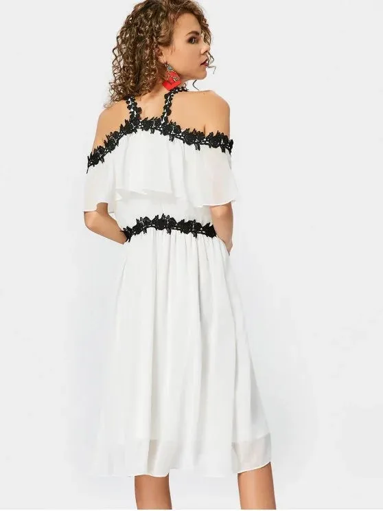 TastyHottie - Cheap Lace Trim Cold Shoulder A Line Dress