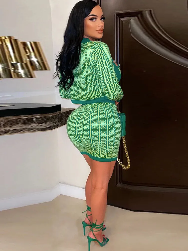 Three Piece Long Sleeve Printed Skirt Suits