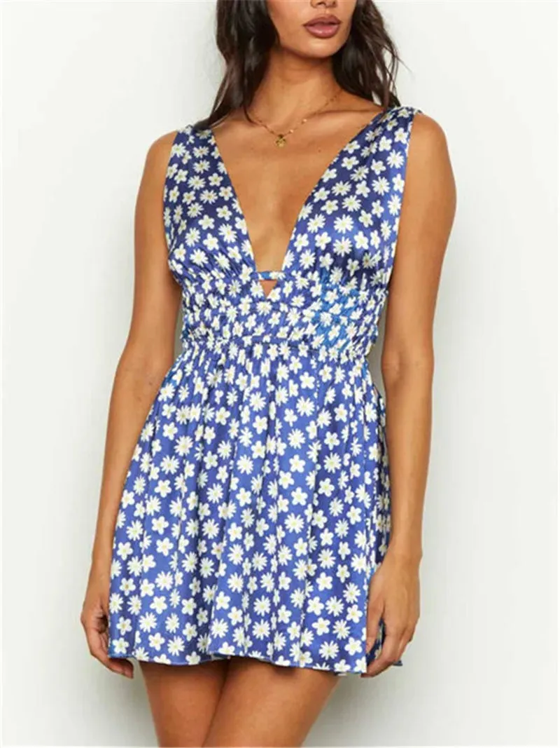 Women's Summer Deep V Neck Floral Smocked Flowy A-Line Dress