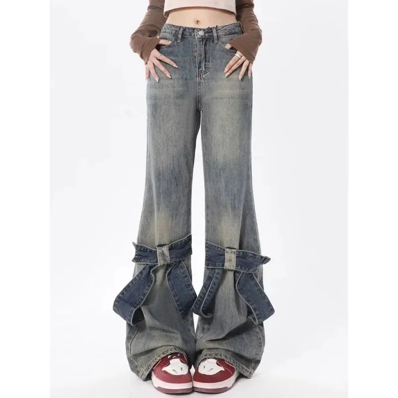 Y2K Vintage Jeans mit Schleifen-Patchwork und Schlag