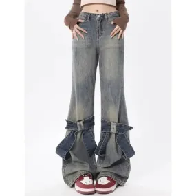 Y2K Vintage Jeans mit Schleifen-Patchwork und Schlag