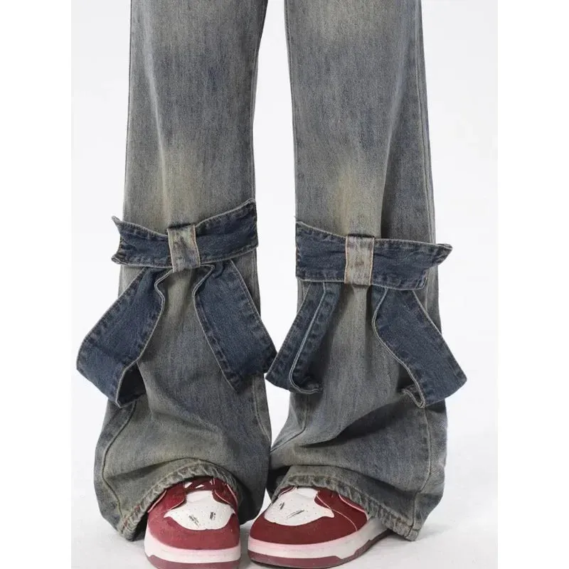 Y2K Vintage Jeans mit Schleifen-Patchwork und Schlag