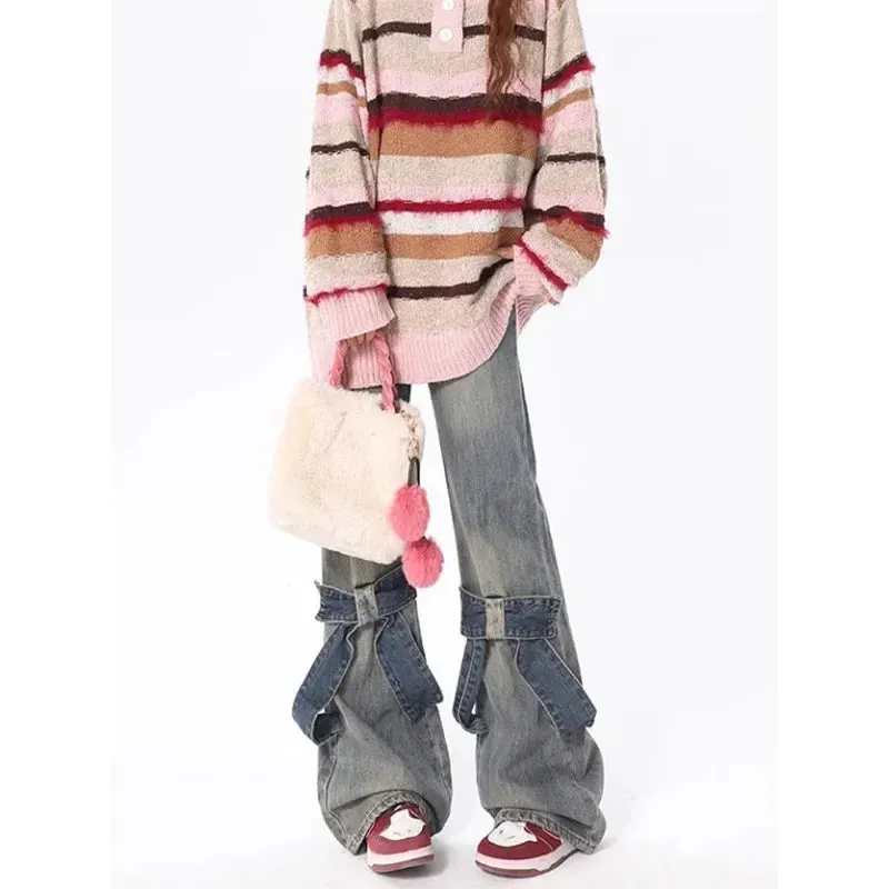 Y2K Vintage Jeans mit Schleifen-Patchwork und Schlag